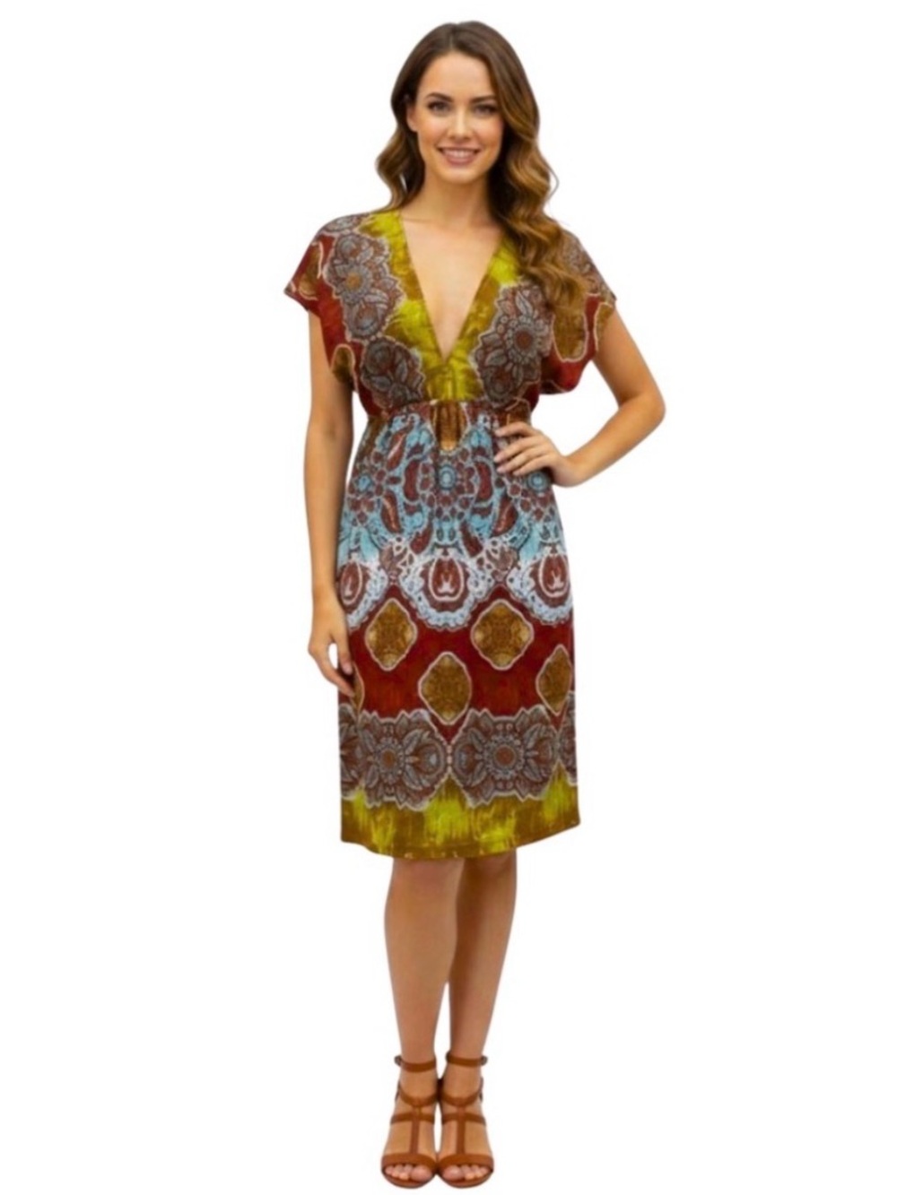 Leebe Boho Printed V-Neck Midi Dress - Crimson & Gold Geometric Kaftan Sz Small